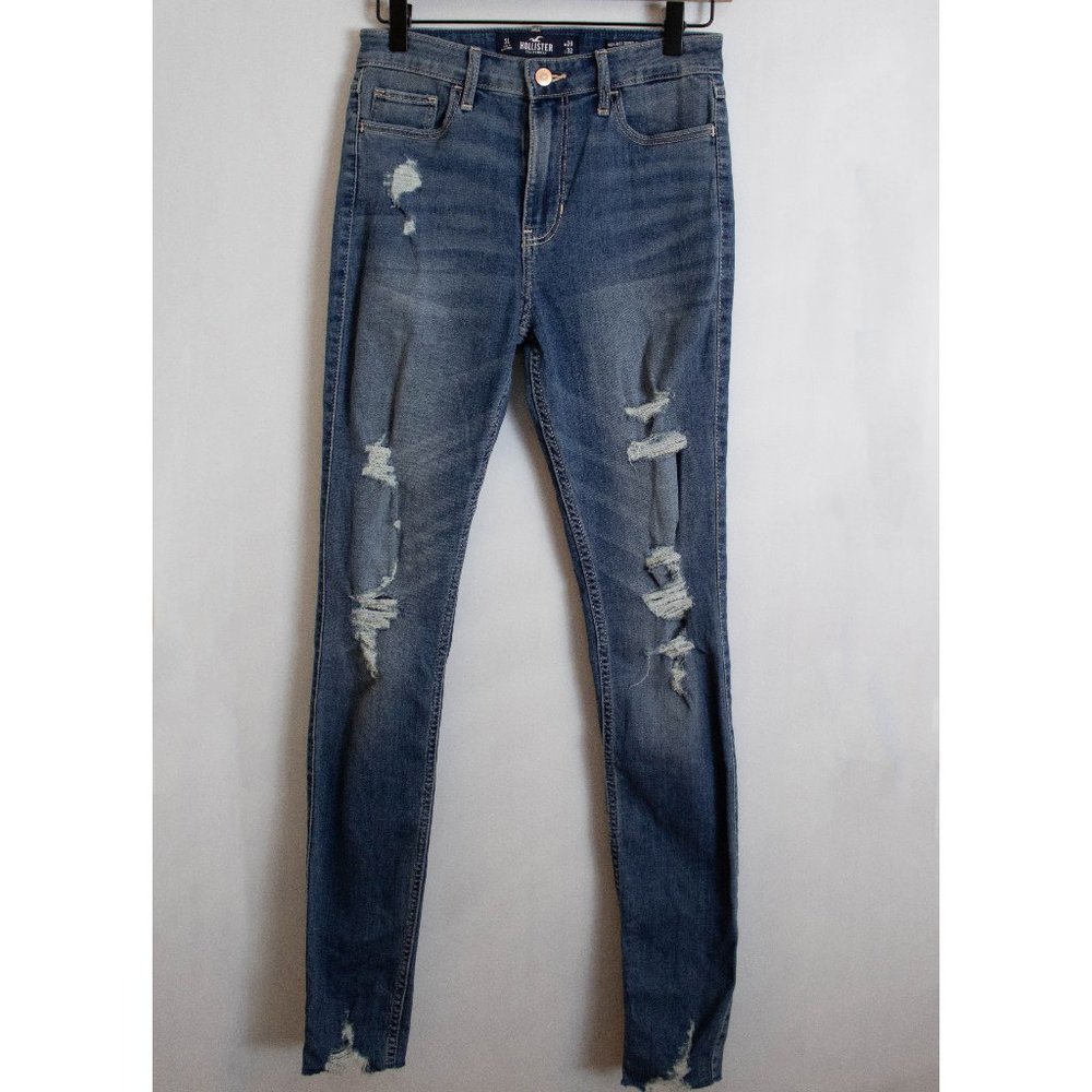 Medium Blue Distressed Hollister High-Rise Super Skinny Jeans - 26